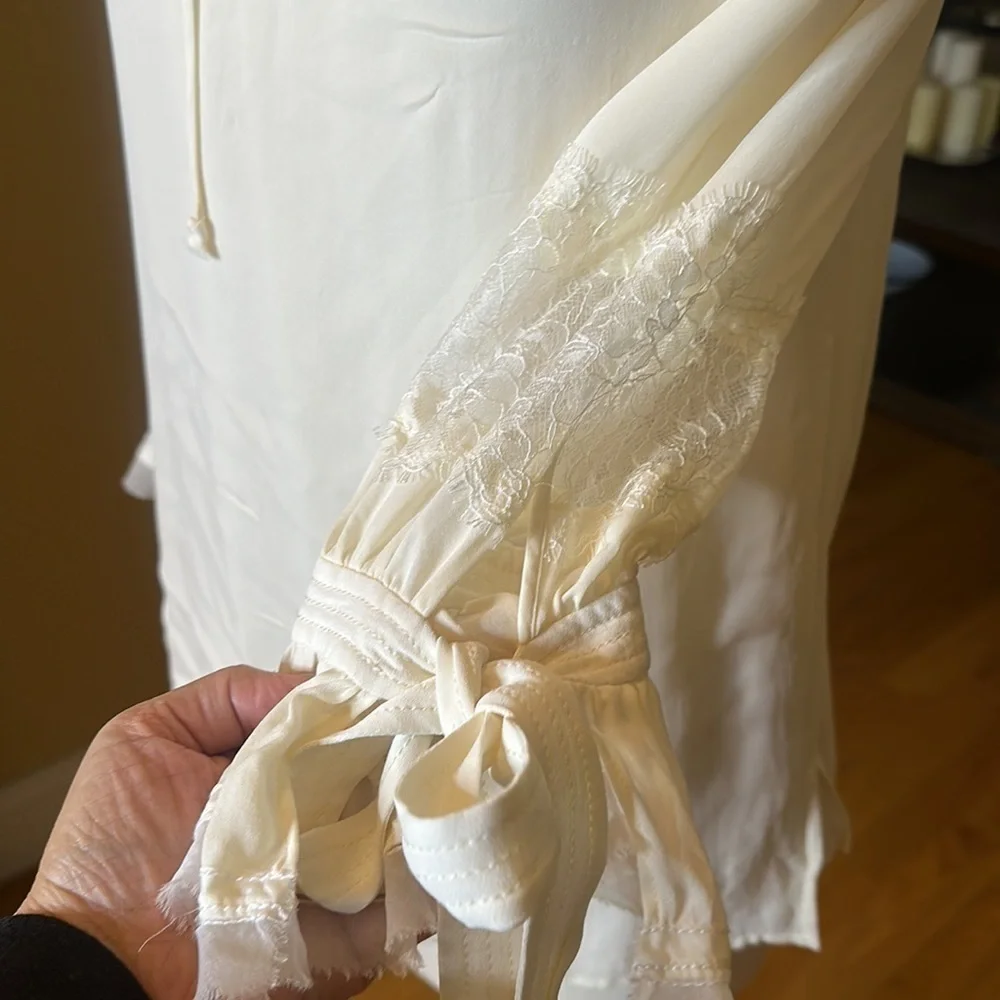Tory Burch Christy Boat Neck, Lace Inset Long Sleeve Silk Blouse Small